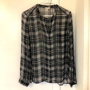 Joie 100% Silk Black and White Plaid V-Neck Long Sleeve Button-Down Sz S